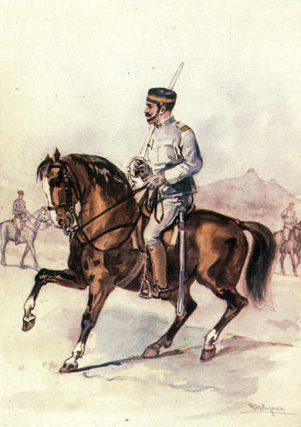 N� 03 - 2� Sargento de Cavalaria; Plano de Uniformes 1911 - Edi��o Museu Militar, 1989 - Dim. 14,8x10,4 cm -  Aguarela de Alberto de Sousa - Col. Am�lcar Monge da Silva