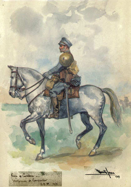 N� 23 - Pra�a de Cavalaria em Uniforme de Campanha (C.E.P.-1916) - Edi��o Museu Militar, 1990 - Dim. 14,8x10,4 cm -  Aguarela de Alberto de Sousa - Col. Am�lcar Monge da Silva
