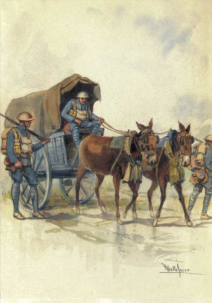 N� 25 - Carros Alentejanos (Servi�o do C.E.P.-1916) - Edi��o Museu Militar, 1990 - Dim. 14,8x10,4 cm -  Aguarela de Alberto de Sousa - Col. Am�lcar Monge da Silva