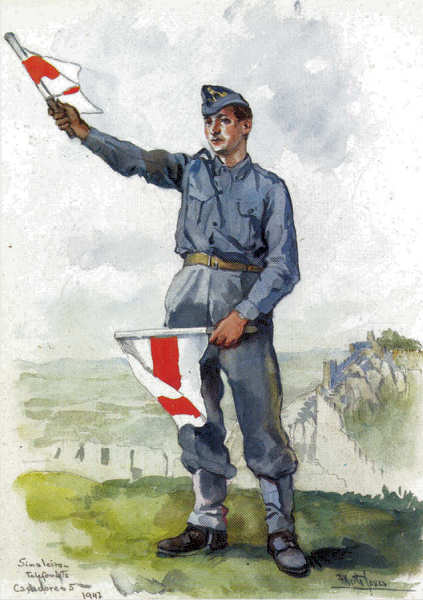 N� 39 - Sinaleiro telefonista de Ca�adores 5 (1947) - Edi��o Museu Militar, 1991 - Dim. 14,8x10,4 cm -  Aguarela de Alberto de Sousa - Col. Am�lcar Monge da Silva