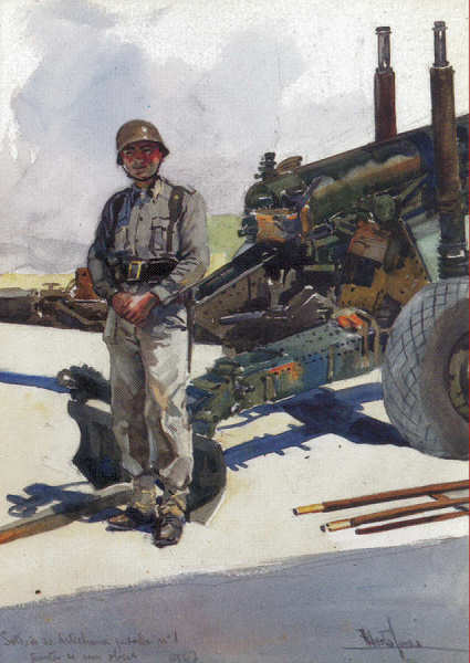 N� 42 - Soldado de Artilharia Pesada n� 1 junto a um obus (1947) - Edi��o Museu Militar, 1991 - Dim. 14,8x10,4 cm -  Aguarela de Alberto de Sousa - Col. Am�lcar Monge da Silva