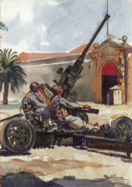 N� 45 - Pe�a ligeira antia�rea; Cascais (1947) - Edi��o Museu Militar, 1991 - Dim. 14,8x10,4 cm -  Aguarela de Alberto de Sousa - Col. Am�lcar Monge da Silva