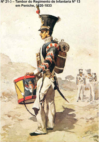 N� 21-3 - Tambor do Regimento de Infantaria n� 13 em Peniche, 1820/33 - Aguarela do Cor. Ribeiro Artur - Edi��o Jornal do Ex�rcito, 1983 - Dim. 15x10,5 cm - Col. A. Monge da Silva.
