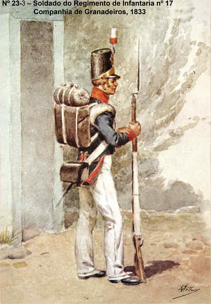 N� 23-3 - Soldado do Regimento de Infantaria n� 17, Companhia de Granadeiros, 1833 - Aguarela do Cor. Ribeiro Artur - Edi��o Jornal do Ex�rcito, 1983 - Dim. 15x10,5 cm - Col. A. Monge da Silva.
