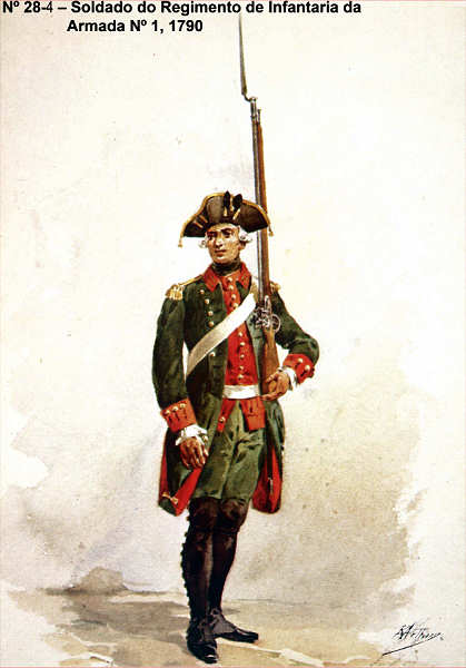 N� 28-4 - Soldado do Regimento de Infantaria da Armada n� 1, 1790 - Aguarela do Cor. Ribeiro Artur - Edi��o Jornal do Ex�rcito, 1983 - Dim. 15x10,5 cm - Col. A. Monge da Silva.