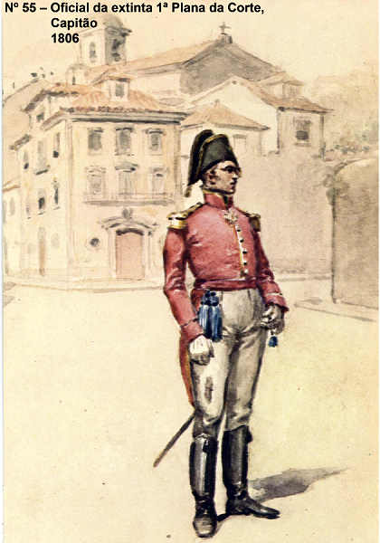 N� 56 - Oficial da Extinta 1� Plana da Corte, Capit�o, 1806 - Aguarela do Cor. Ribeiro Artur - Edi��o Jornal do Ex�rcito S/D (1983?) - Dim. 15x10,3 cm - Col. A. Monge da Silva