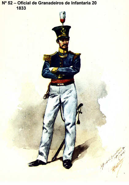 N� 52 - Oficial de Granadeiros de Infantaria 20, 1833 - Aguarela do Cor. Ribeiro Artur - Edi��o Jornal do Ex�rcito S/D (1983?) - Dim. 15x10,3 cm - Col. A. Monge da Silva