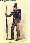 N� 58 - Soldado de Ca�adores 3, 1834 - Aguarela do Cor. Ribeiro Artur - Edi��o Jornal do Ex�rcito S/D (1983?) - Dim. 15x10,3 cm - Col. A. Monge da Silva