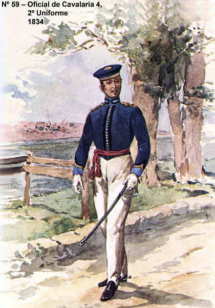 N� 59 - Oficial de Cavalaria 4, 2� uniforme, 1834 - Aguarela do Cor. Ribeiro Artur - Edi��o Jornal do Ex�rcito S/D (1983?) - Dim. 15x10,3 cm - Col. A. Monge da Silva