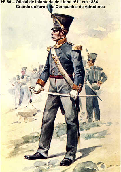 N� 60 - Oficial de Infantaria de Linha n� 11, 1834, Grande uniforme da companhia de atiradores - Aguarela do Cor. Ribeiro Artur - Edi��o Jornal do Ex�rcito S/D (1983?) - Dim. 15x10,3 cm - Col. A. Monge da Silva.
