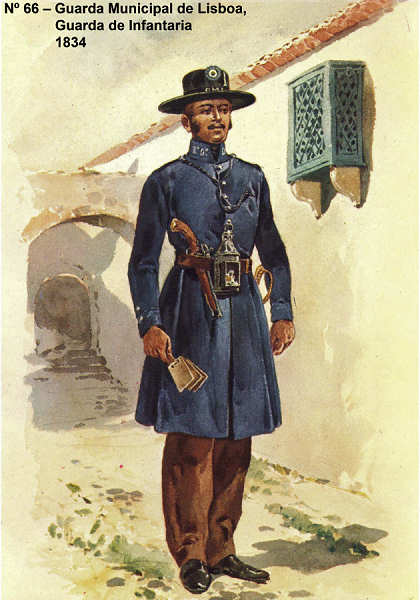 N� 66 - Guarda Municipal de Lisboa , 1834, Guarda de infantaria - Aguarela do Cor. Ribeiro Artur - Edi��o Jornal do Ex�rcito S/D (1983?) - Dim. 15x10,3 cm - Col. A. Monge da Silva