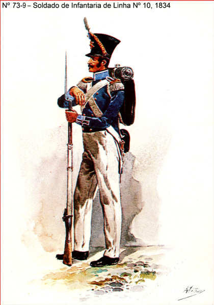 N� 73-9 - Soldado de Infantaria de Linha N� 10, 1834 - Aguarela do Cor. Ribeiro Artur - Edi��o Jornal do Ex�rcito, 1983 - Dim. 15x10,3 cm - Col. A. Monge da Silva