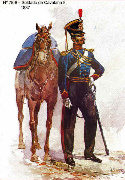 N� 78-9 - Soldado de Cavalaria 8, 1837 - Aguarela do Cor. Ribeiro Artur - Edi��o Jornal do Ex�rcito, 1983 - Dim. 15x10,3 cm - Col. A. Monge da Silva