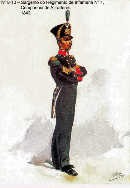 N� 8-10 - Sargento do Regimento de Infantaria N� 1, Companhia de Atiradores, 1842 - Aguarela do Cor. Ribeiro Artur - Edi��o Jornal do Ex�rcito, 1983 - Dim. 15x10,3 cm - Col. A. Monge da Silva