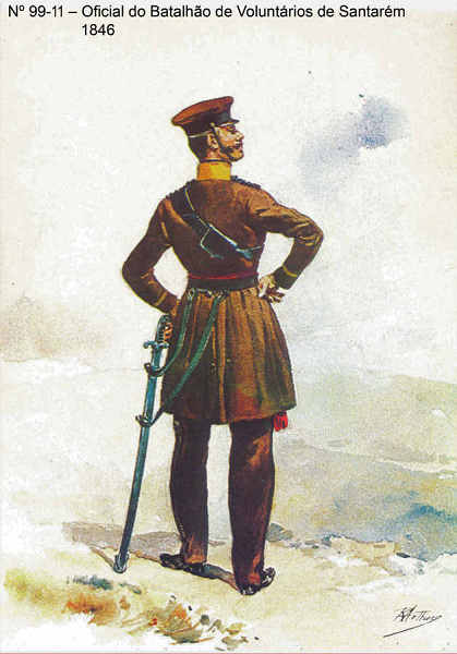 N� 99-11 - Oficial do Batalh�o de Volunt�rios de Santar�m, 1846 - Aguarela do Cor. Ribeiro Artur - Edi��o Jornal do Ex�rcito, 1983 - Dim. 15x10,3 cm - Col. A. Monge da Silva