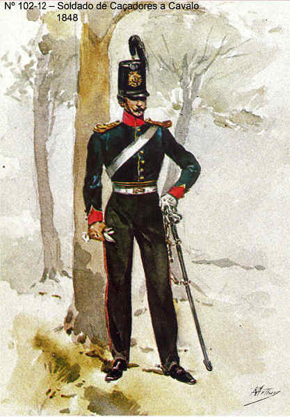 N� 102-12 - Soldado de Ca�adores a Cavalo, 1848 - Aguarela do Cor. Ribeiro Artur - Edi��o Jornal do Ex�rcito, 1983 - Dim. 15x10,3 cm - Col. A. Monge da Silva