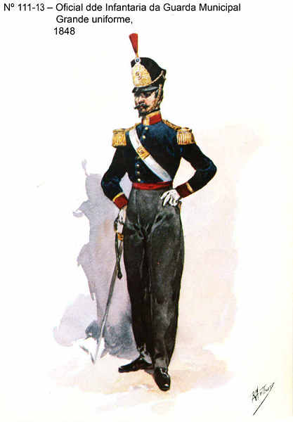 N� 111-13 - Oficial de Infantaria da Guarda Municipal, Grande uniforme, 1848 - Aguarela do Cor. Ribeiro Artur - Edi��o Jornal do Ex�rcito, 1983 - Dim. 15x10,3 cm - Col. A. Monge da Silva