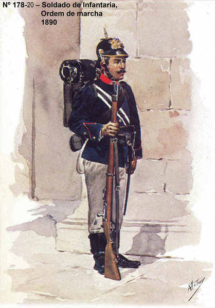N� 178-20 - Soldado de Infantaria, Ordem de marcha, 1890 - Aguarela do Cor. Ribeiro Artur - Edi��o Jornal do Ex�rcito, 1985 - Dim. 15x10,3 cm - Col. A. Monge da Silva