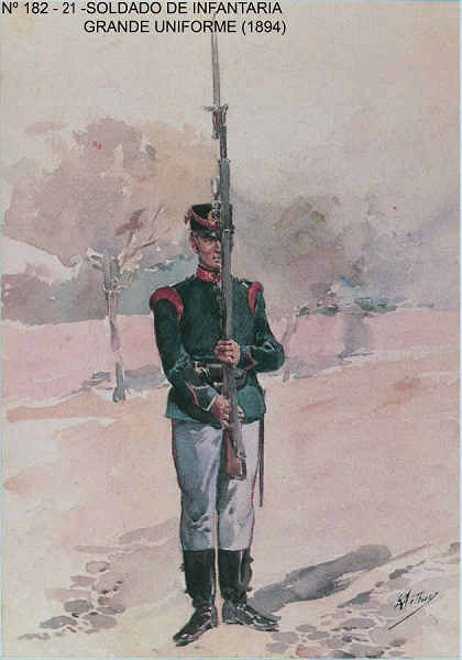 N� 182-21 - Soldado de Infantaria, Grande Uniforme, 1895 - Aguarela do Cor. Ribeiro Artur - Edi��o Jornal do Ex�rcito, 1987 - Dim. 15x10,3 cm - Col. A. Monge da Silva