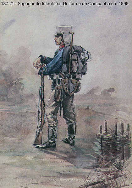 N� 187-21 - Sapador de Infantaria, Uniforme de Campanha, 1898 - Aguarela do Cor. Ribeiro Artur - Edi��o Jornal do Ex�rcito, 1987 - Dim. 15x10,3 cm - Col. A. Monge da Silva