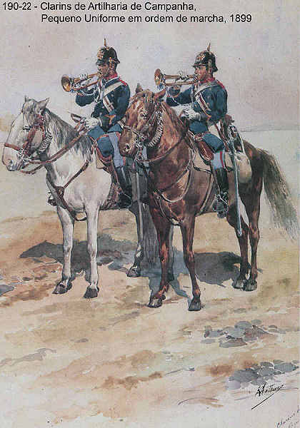 N� 190-22 - Clarins de Artilharia de Campanha, Pequeno Uniforme em ordem de marcha, 1899 - Aguarela do Cor. Ribeiro Artur - Edi��o Jornal do Ex�rcito, 1987 - Dim. 15x10,3 cm - Col. A. Monge da Silva