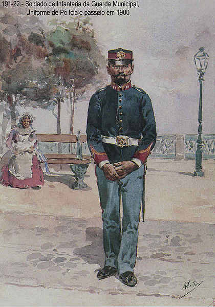N� 191-22 - Soldado de Infantaria da Guarda Municipal, Uniforme de Pol�cia e passeio em 1900 - Aguarela do Cor. Ribeiro Artur - Edi��o Jornal do Ex�rcito, 1987 - Dim. 15x10,3 cm - Col. A. Monge da Silva