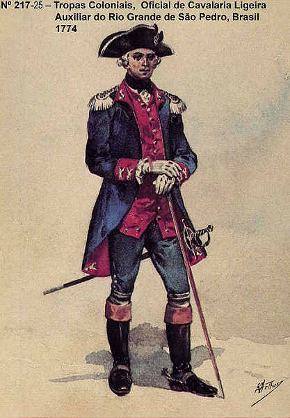 N� 217-25 - Tropas Coloniais, Oficial de Cavalaria Ligeira Auxiliar do Rio Grande de S. Pedro, Brasil, 1774 - Aguarela do Cor. Ribeiro Artur - Edi��o Jornal do Ex�rcito, 1987 - Dim. 15x10,3 cm - Col. A. Monge da Silva