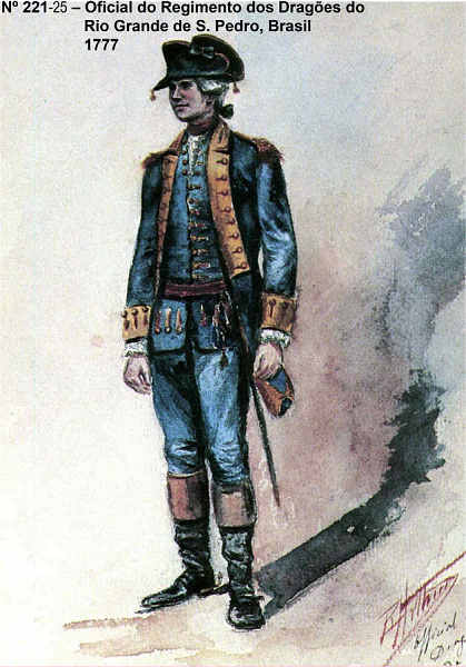 N� 221-25 - Oficial do Regimento dos Drag�es do Rio Grande de S. Pedro, Brasil, 1777 - Aguarela do Cor. Ribeiro Artur - Edi��o Jornal do Ex�rcito, 1987 - Dim. 15x10,3 cm - Col. A. Monge da Silva.