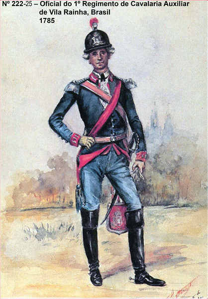 N� 222-25 - Oficial do 1� Regimento de Cavalaria Auxiliar de Vila Rainha, Brasil, 1785 - Aguarela do Cor. Ribeiro Artur - Edi��o Jornal do Ex�rcito, 1987 - Dim. 15x10,3 cm - Col. A. Monge da Silva