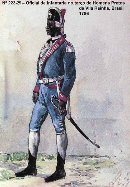 N� 223-25 - Oficial de Infantaria do ter�o de Homens Pretos de Vila Rainha, Brasil, 1786 - Aguarela do Cor. Ribeiro Artur - Edi��o Jornal do Ex�rcito, 1987 - Dim. 15x10,3 cm - Col. A. Monge da Silva