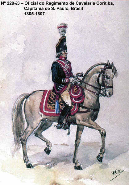 N� 229-26 - Oficial do Regimento de Cavalaria Coritiba, Capitania de S. Paulo, Brasil 1805/07 - Aguarela do Cor. Ribeiro Artur - Edi��o Jornal do Ex�rcito, 1987 - Dim. 15x10,3 cm - Col. A. Monge da Silva