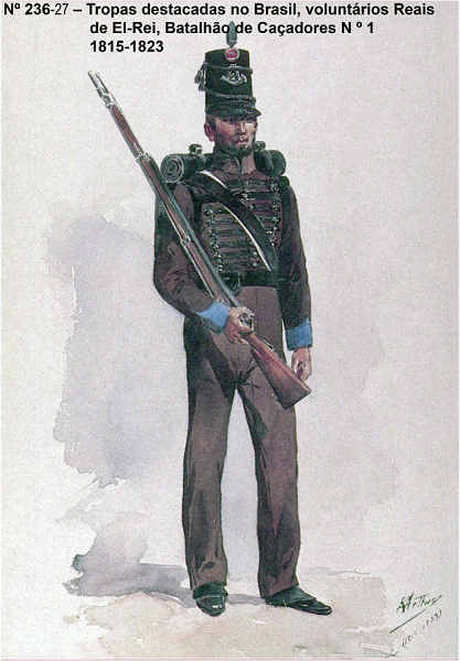 N� 236-27 - Tropas destacadas no Brasil, volunt�rios Reais de El-Rei, Batalh�o de Ca�adores N� 1 - 1815/23 - Aguarela do Cor. Ribeiro Artur - Edi��o Jornal do Ex�rcito, 1987 - Dim. 15x10,3 cm - Col. A. Monge da Silva