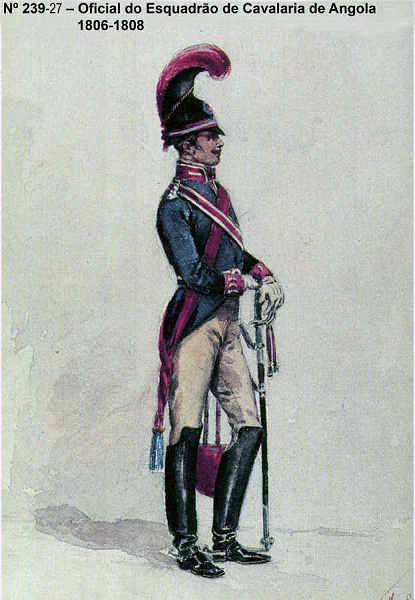 N� 239-27 - Oficial do Esquadr�o de Cavalaria de Angola, 1806/08 - Aguarela do Cor. Ribeiro Artur - Edi��o Jornal do Ex�rcito, 1987 - Dim. 15x10,3 cm - Col. A. Monge da Silva
