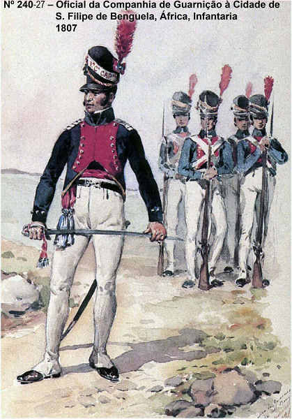 N� 240-27 - Oficial da Companhia de Guarni��o � Cidade de S. Filipe de Benguela, �frica, Infantaria, 1807 - Aguarela do Cor. Ribeiro Artur - Edi��o Jornal do Ex�rcito, 1987 - Dim. 15x10,3 cm - Col. A. Monge da Silva