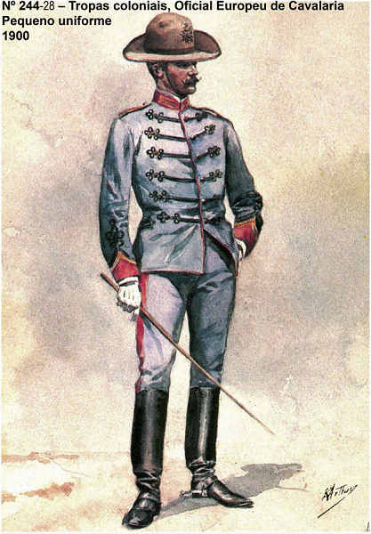 N� 244-28 - Tropas coloniais, Oficial Europeu de Cavalaria em pequeno uniforme, 1900 - Aguarela do Cor. Ribeiro Artur - Edi��o Jornal do Ex�rcito, 1987 - Dim. 15x10,3 cm- Col. A. Monge da Silva