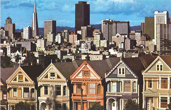 N� C32455 - San Francisco - Quaint Victorian homes contrast with modern San Francisco skyline - Editor Smith Novelty Co, San Francisco - Dim. 14x9 cm - Col. Am�lcar Monge da Silva (- Adquirido em 1979)