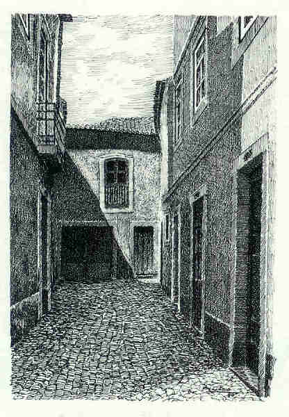 N� 1 - Beco das Corteses - Desenho de Ars�nio Ressurrei��o - Ed. da Associa��o de Defesa do Patrim�nio Hist�rico e Cultural de Santar�m - 1990 - Dim. 10,5x15,1 cm - Col. Miguel Soares Lopes