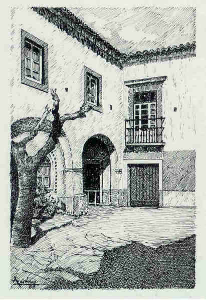 N� 4 - P�tio do Pal�cio Landal - Desenho de Ars�nio Ressurrei��o - Ed. da Associa��o de Defesa do Patrim�nio Hist�rico e Cultural de Santar�m - 1990 - Dim. 10,5x15,1 cm - Col. Miguel Soares Lopes