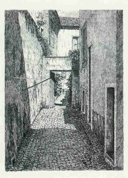 N� 12 - Beco da Mouraria - Desenho de Ars�nio Ressurrei��o - Ed. da Associa��o de Defesa do Patrim�nio Hist�rico e Cultural de Santar�m - 1990 - Dim. 10,5x15,1 cm - Col. Miguel Soares Lopes