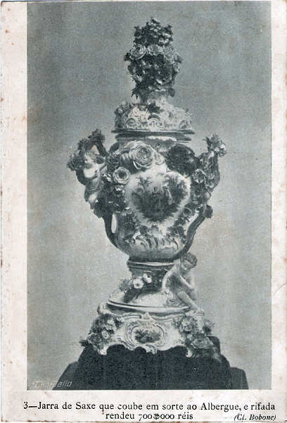 N� 3 - Jarra de Saxe que coube em sorte ao Albergue, e rifada rendeu 700$000 - Edi��o do Albergue das Crean�as Abandonadas, Rua de Sto Amaro � Estrela, 40, Lisboa - Dim. 135x892 mm - Carimbo Postal 05JUL1909 - Col. A. Monge da Silva (cerca de 1905)