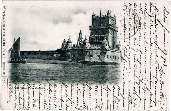 S/N - Torre de Bel�m - Editor Jos� Afonso, Loja das �guas, Rua do Ouro, 263, Lisboa - Dim. 139x90 mm - Carimbo postal 28JAN1903 - Col. A. Monge da Silva (cerca de 1900)