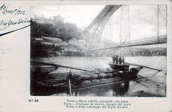N� 46 - Barco Rebello carregado com pipas - Editor correios - Dim. 140x91 mm - Usado em 10NOV1912 - Col. A. Monge da Silva (c. 1905)
