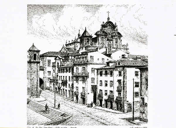 N� 9 - Coimbra... uma saudade - s�rie I  Rua de S. Jo�o (tro�o final) - Alta demolida - Coimbra  Vista anterior a 1943 - Ed. de Livraria Minerva - Coimbra Autor dos desenhos: FRANCISCO MATIAS segundo fotos de A.C.S. - SD Dim. 15,5x11,7 cm - Col. Alfredo Rocha(2012).