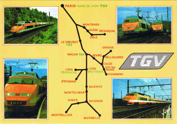 N�  10 00 7034 - T.G.V. TRAIN A GRANDE VITESSE DE LA S.N.C.F. - Record du Monde de Vitesse sur Rail: 380 Km/H le 26 F�vrier 1981 386 places dont 275 en 2e classe - Ed. d'art Yvon 30, Av. Jean- Jaur�s-94-Arcueil by S.P.A.D.E.M.  Made in Spain (Photos J. P. Minfray) - SD Dim. 14,8x10,4 cm - Col. Manuel B�ia