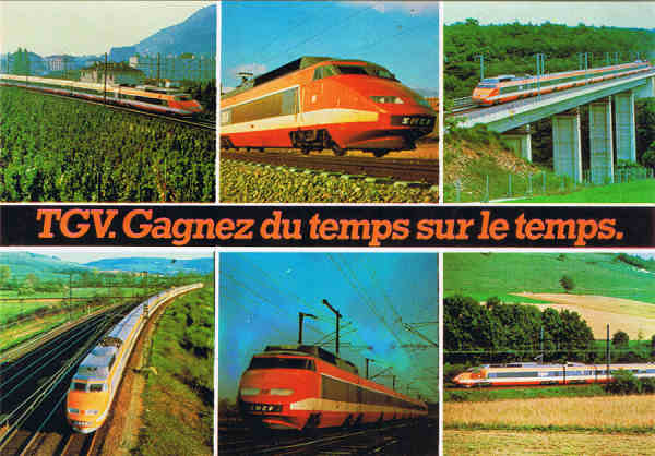 SN - RAME T.G.V. Vitesse:260 kms/h 26 F�vrier 1981: Record mondial sur rail: 380 kms/h Perspectives d'avenir:... en 1983... PARIS-LYON (426 kms) en 2 heures - Ed. La CIGOGNE 115,rue R�aumur - 75060 PARIS c�dex 02 Soci�t� d'Agences et de Diffusion Clich� S.N.C.F. - SD Dim. 14,8x10,4 cm - Col. Manuel B�ia