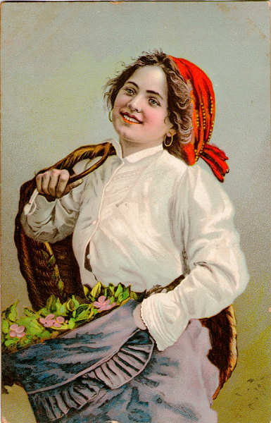N� 19829 - Jovem em traje regional com flores - Editor Stengel & co, Dresden, Alemanha - Dim. 139x90 mm - Col. A. Monge da Silva (c. 1907)