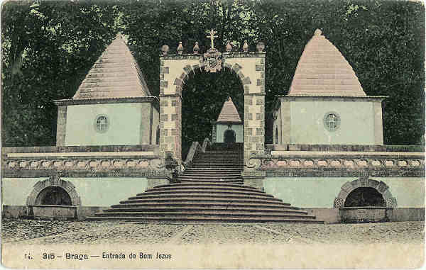 N� 315 - Braga. Entrada do Bom Jesus - Ed. Alberto Malva - SD - Dim. 14x8,9 cm - Col. M. Soares Lopes.