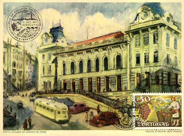 S/N - Porto. Esta��o de Caminho de Ferro. Pintura de Mestre J�lio Resende - Lito Nacional Porto - Edi��o dos 75 Anos da chegada do 1� Comboio ao Porto - 15/12/1971 - Dimens�es: 14,6x11 cm. - Col. Carvalhinho.