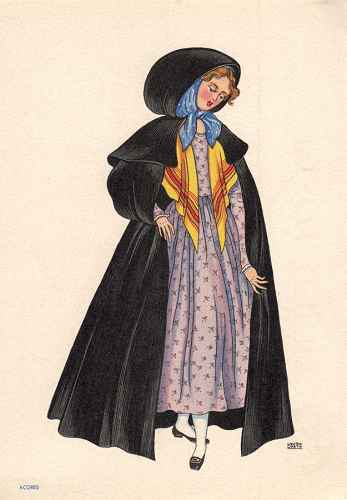 OLIVA - Enorme capote com romeira e capuz de pano preto. Vestido de tecido florido. - Lito. Nacional - S/D - Dimens�es: 15x10,5 cm - Colec��o M. F. Silva