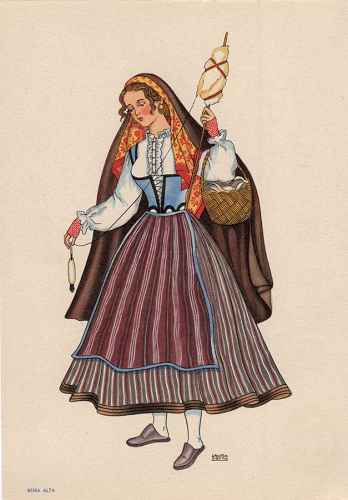 OLIVA - Saia de l� com riscas escuras. Avental do mesmo tecido. Colete de rabichos azul. Len�o de chita garrida. Capucha de burel. Mitenes de l�. Meias brancas e tamancos. - Lit. Nacional - S/D - Dimens�es: 15x10,5 cm - Colec��o M. F. Silva